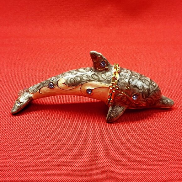 Metal Enamel Dolphin Trinket Box Hinged Rhinestone Accents - Picture 12 of 15